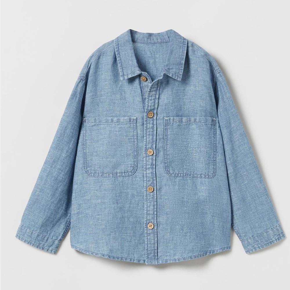 Zara kids, blue, linen blend denim shirt, 4-5 years